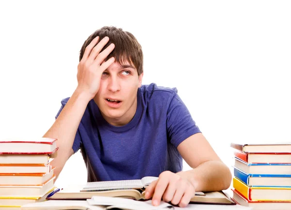 Tired Troubled Student Writing Table White Background — Stock Photo, Image
