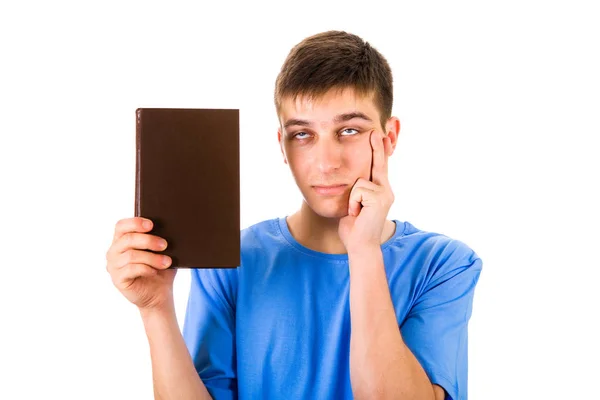 Bored Young Man Show Book Blank Cover White Background — Stock Photo, Image