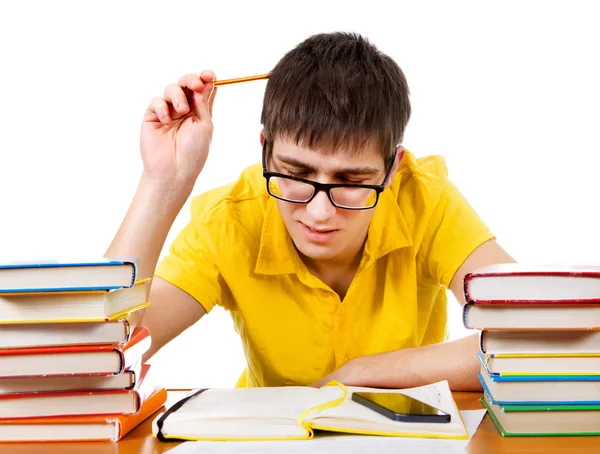 Student Denken Aan Tafel Aan Schrijven Witte Achtergrond — Stockfoto