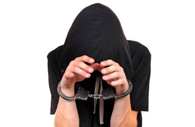 Adam kelepçeli beyaz arka plan üzerinde izole