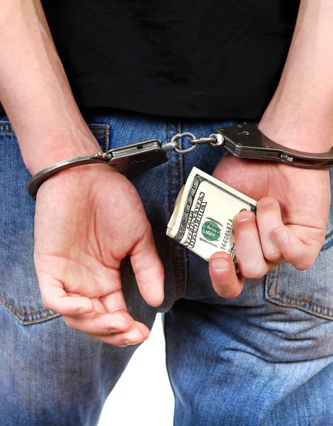 Handcuffs Hands Money Closeup — Stock Photo, Image