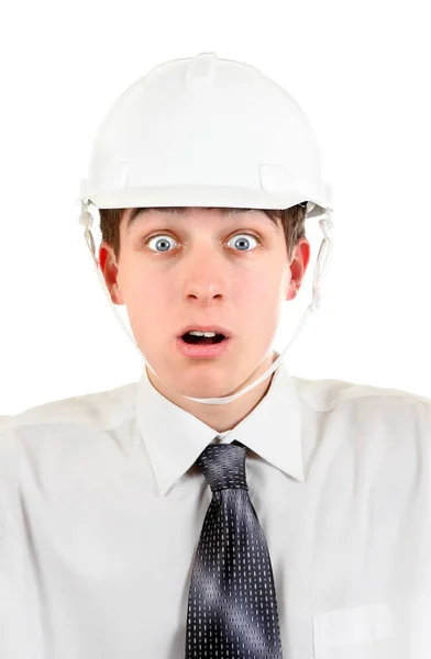 Surprised Young Man Hard Hat Isolated White Background — Stock Photo, Image