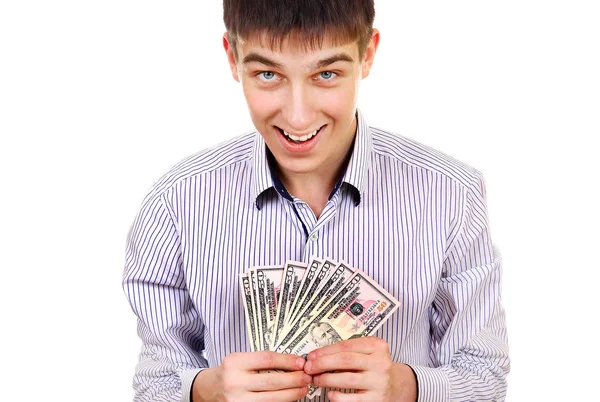 Joven Feliz Con Dinero Aislado Fondo Blanco —  Fotos de Stock