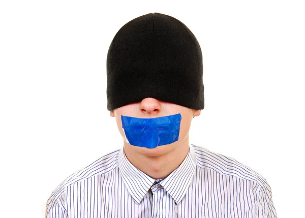 Man Sealed Mouth White Background Closeup — Stock Photo, Image