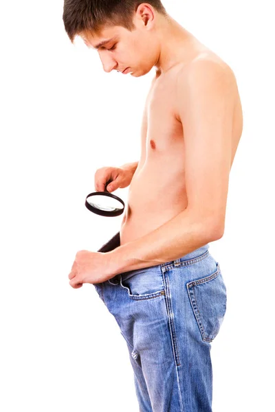 Young Man Magnifying Glass Looking Trousers — Stock Photo, Image
