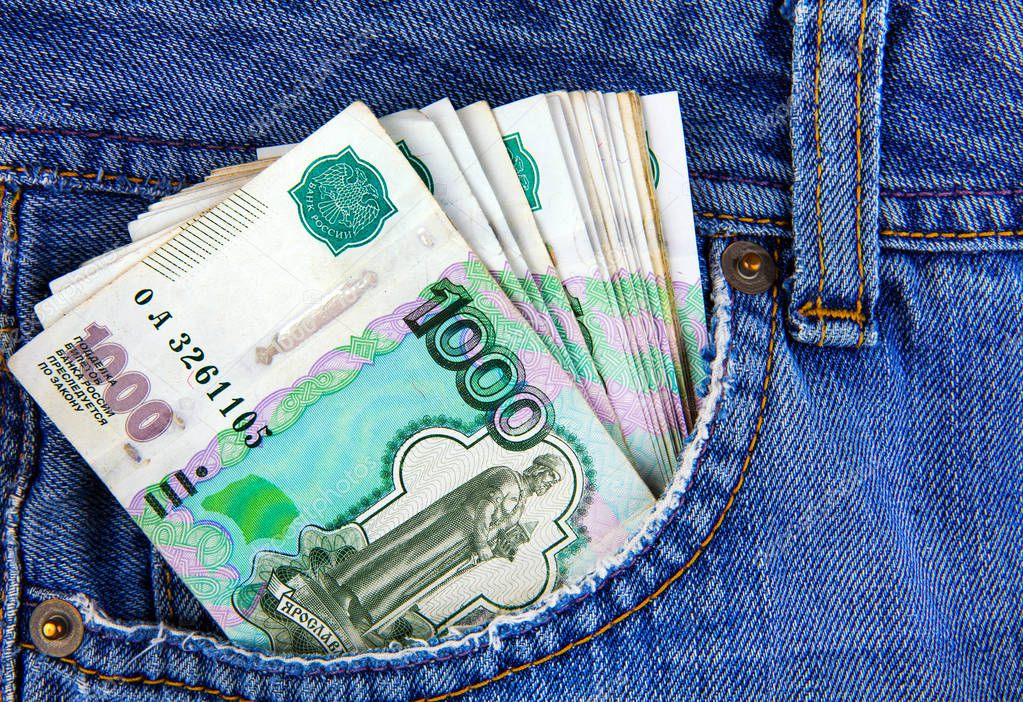 Russian Rubles in the Pocket of the Jeans closeup