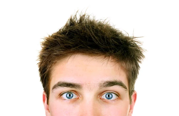 Surpreendido Jovem Face Closeup Fundo Branco — Fotografia de Stock