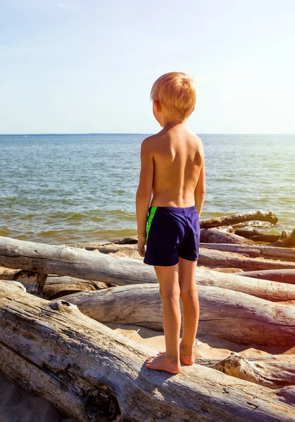 Child Stand Log Sea Background — Stock Photo, Image