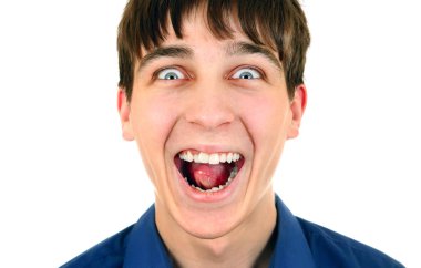 Neşeli Genç Adam Beyaz Arkaplanda tecrit edildi