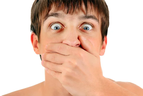 Worried Young Man Close His Mouth White Background Closeup — Stock Photo, Image