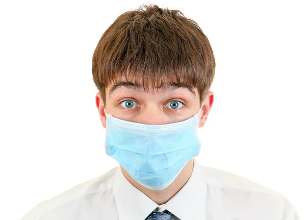 Ung Man Influensa Masken Den Vita Bakgrunden — Stockfoto