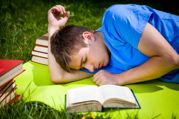 若い男は夏の牧草地で本と寝る — ストック写真