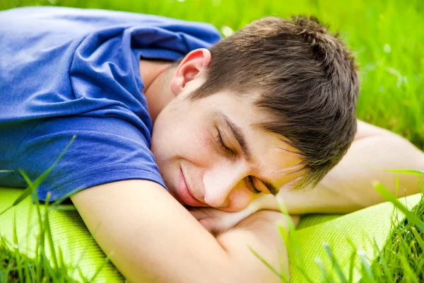 Young Man Rest Grass Summer Meadow — Stock Photo, Image