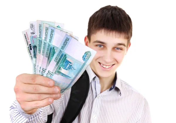 Молода людина з російськими грошима — стокове фото