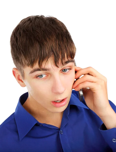 Confused Teenager Phone Isolated White Closeup — Stock Photo, Image