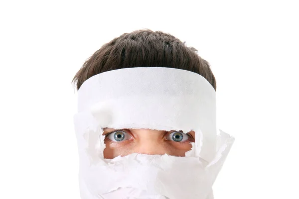 Man Wrapped Face Paper White Background Closeup — Stock Photo, Image