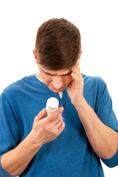 Joven Con Botella Del Producto Médico Siente Efecto Secundario Aislado — Foto de Stock