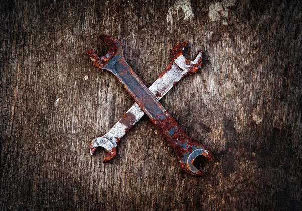 Rusty Tools Grunge Wooden Background Closeup — 스톡 사진