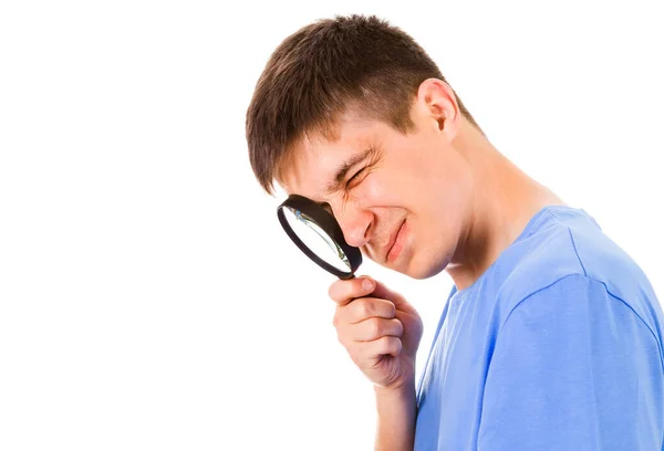 Young Man Magnifying Glass Isolated White Background — Stock Photo, Image