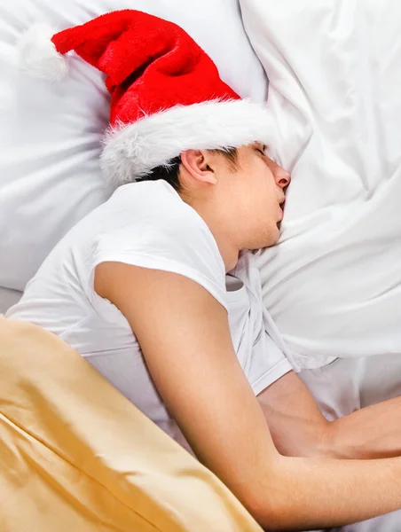 Man Santa Hat Sleeping Bed Home — Stock Photo, Image