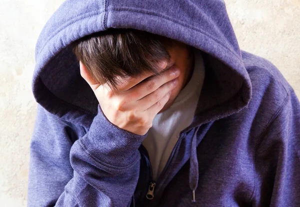 Sad Young Man Hoodie Close His Face Closeup — Stock Photo, Image