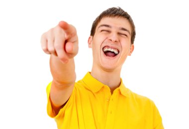 Cheerful Young Man Pointing and Laughing on the White Background closeup clipart