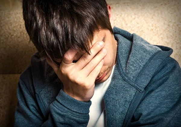 Sad Young Man Hide Face Portrait Closeup — Stock Photo, Image