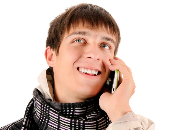 Jeune Homme Heureux Avec Téléphone Cellulaire Isolé Sur Fond Blanc — Photo