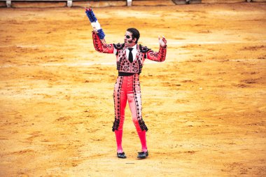 Öfkeli boğa Boğa güreşçisi İspanya 2017 07.25.2017 saldırır. Vinaros anıtsal Corrida de toros.