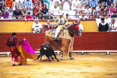 Picador ile at üstünde mızrak. İspanyol boğa güreşi. Öfkeli boğa Boğa güreşçisi İspanya 2017 07.25.2017 saldırır. Vinaros anıtsal Corrida de toros.