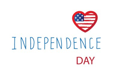 4 Temmuz Bağımsızlık günü kartı, poster ya da banner tasarımı. ABD bayrağı kalp ve Ulusal Amerikan renkleri metinde yazı şeklinde,
