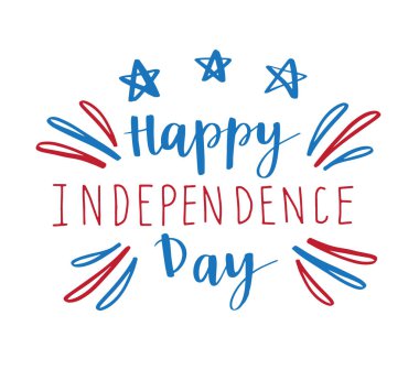 4 Temmuz Bağımsızlık günü kartı, poster ya da banner tasarımı. Havai fişek ve Ulusal Amerikan renkler yazı metni,