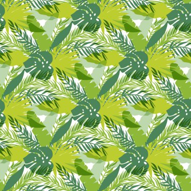 Tropikal yaprak, orman arka plan. Dikişsiz botanik desen. Web, baskı, tekstil vektör çizim