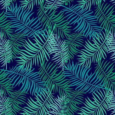 Vektör tropikal palmiye Dikişsiz desen bırakır. Yaz illüstrasyon koyu yeşil ve mavi renklerde. Tekstil, giyim, scrapbooking için kullanılabilir