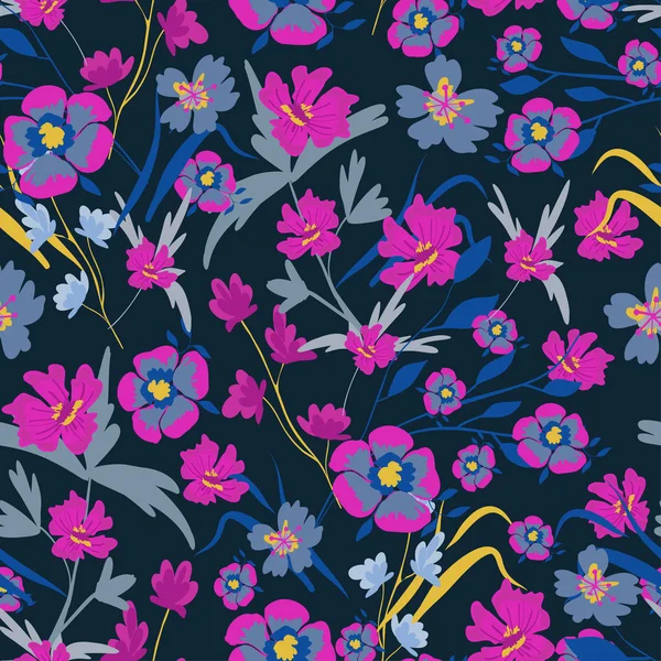Nahtloses Muster Mit Kleinen Blüten Auf Dunklem Hintergrund Moderne Florale — Stockvektor