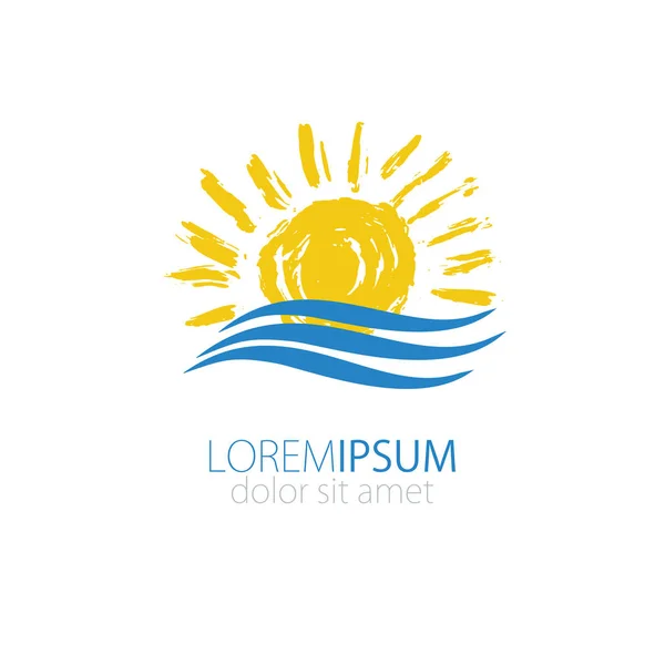 太陽と海のロゴ アイコン グランジ ロゴタイプは 白い背景で隔離 ベクトル図 — ストックベクタ