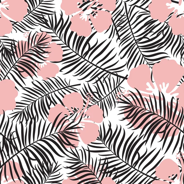 矢量热带棕榈叶和芙蓉花图案无缝 夏季插图黑色 粉红色和白色的颜色 可用于纺织 剪贴簿 — 图库矢量图片