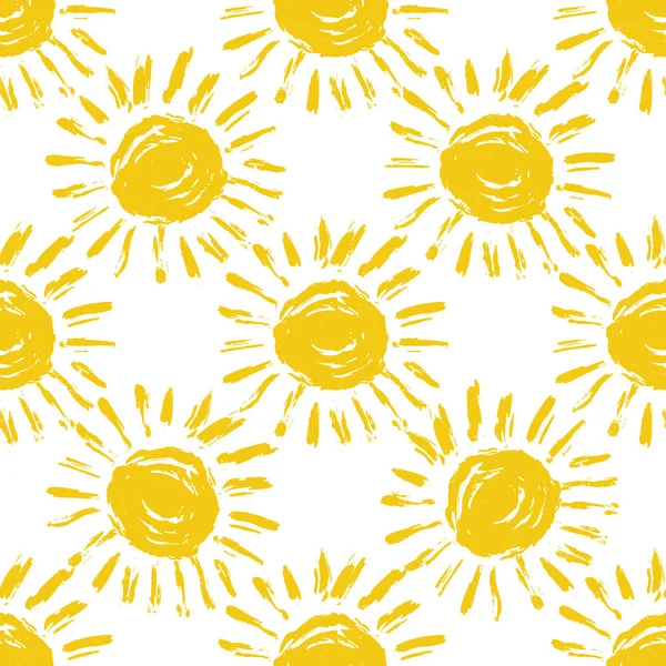 Patrón Sin Costuras Con Soles Garabatos Amarillos Dibujados Mano Sobre — Vector de stock