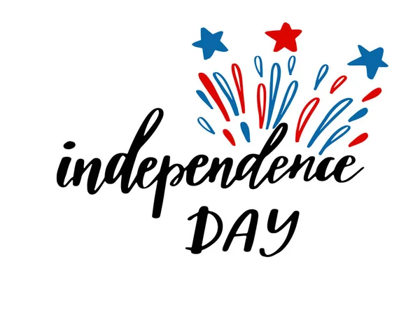月の独立記念日のカード ポスターまたは横断幕のデザインの 花火とアメリカの国旗の色でレタリング テキスト — ストックベクタ