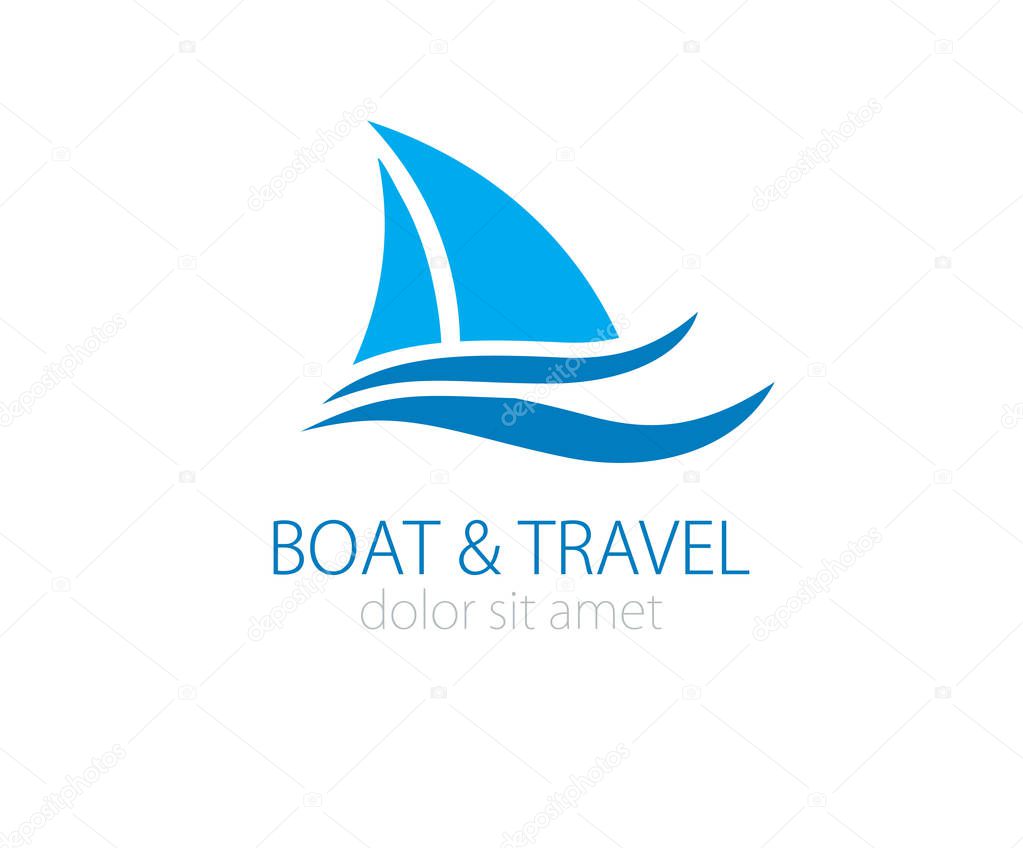 Small blue ship and sea wave logotype. Vector sailboat logo for yacht club, excursions agency or marina