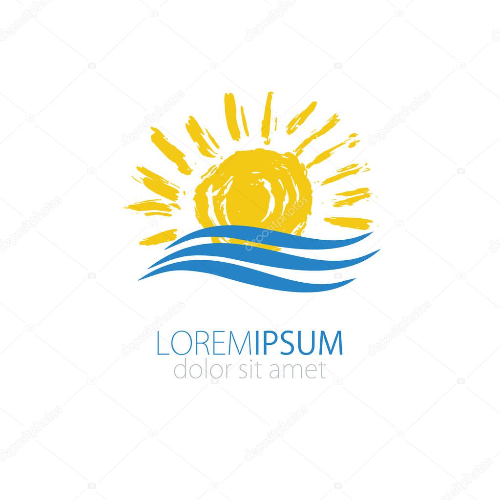 Sun and sea logo icon. Grunge logotype isolated on white background. Vector illustration