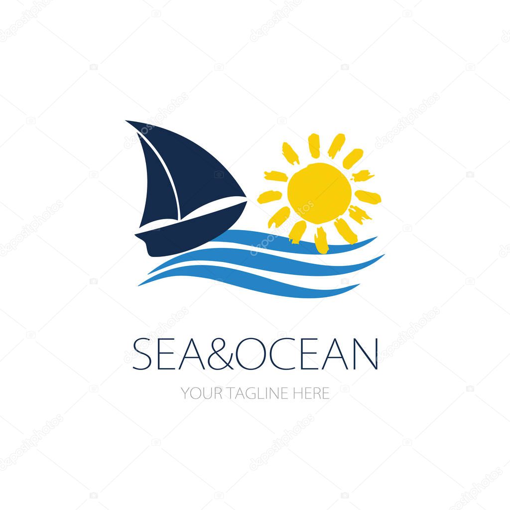 Small blue ship, yellow sun and sea wave logotype. Vector sailboat logo for yacht club, excursions agency or marina