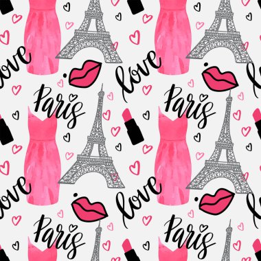 Eyfel Kulesi, ruj, kırmızı dudaklar ve elbise ile Seamless Paris modeli. Fransız vektör arka plan. Duvar kağıtları, web sayfası, yüzey dokuları, tekstil, davetler için mükemmel, giyim, kartlar, ürünler tasarlıyor. Sevgililer s gün arka plan