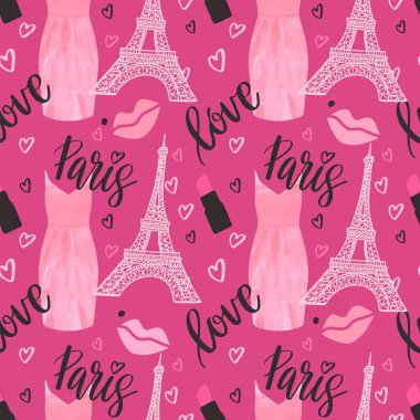 Eyfel Kulesi, ruj, kırmızı dudaklar ve elbise ile Seamless Paris modeli. Fransız vektör arka plan. Duvar kağıtları, web sayfası, yüzey dokuları, tekstil, davetler için mükemmel, giyim, kartlar, ürünler tasarlıyor. Sevgililer s gün arka plan