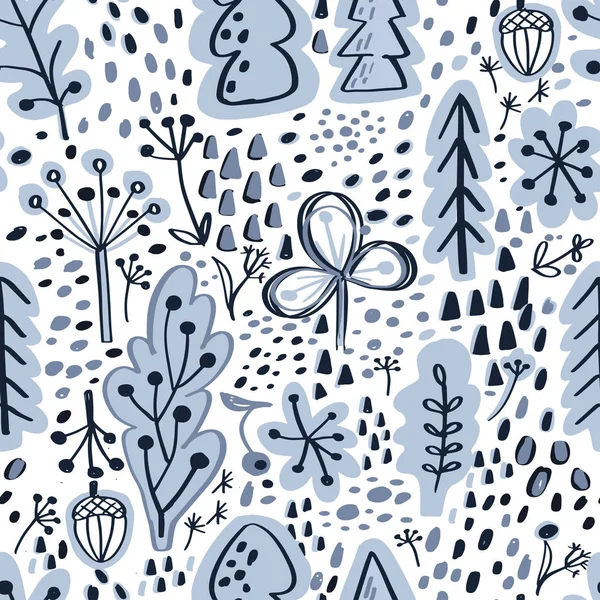 北欧の森の木や植物 北欧のシームレスなベクトル パターン テキスタイル プリント スクラップブッ キングの装飾的な背景 — ストックベクタ
