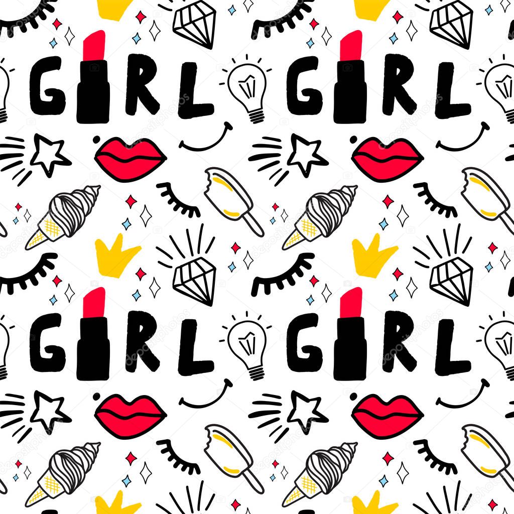 Girly seamless pattern with Fashion elements lettering word Girl, icecreamdiamond, lips, lipstick, star, eye, smile, idea bulb. Vector trendy illustration for notebook, textile, wallpaper, tshirt