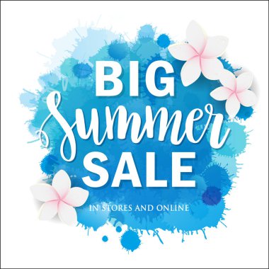 Tropik çiçekler büyük yaz satış yazı alıntı suluboya taklit zemin üzerine illüstrasyon vektör. Afiş, poster, web ve baskı tasarımı