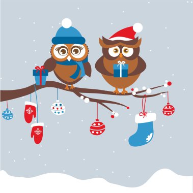 Şablon mevcut kutuları tutarak kış şapka içinde sevimli baykuşlar birkaç ile Noel tatil tebrik kartı. Ağaç dalı üzerinde oturan kuşlar. Vektör çizim Noel ve yeni yıl tasarım için