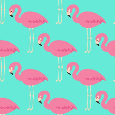 Naneli yeşil zemin üzerine Flamingo seamless modeli. Pembe flamingo vektör arka plan tasarımı için kumaş, tekstil, web, baskı ve dekor.