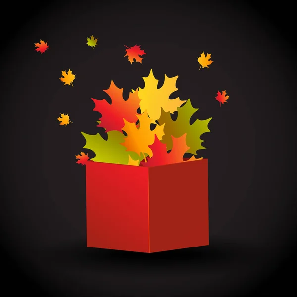 Φθινόπωρο Εικονογράφηση Πολύχρωμα Maple Φύλλα Άνοιξε Κόκκινο Κουτί Έννοια Της — Διανυσματικό Αρχείο